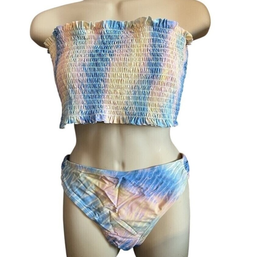 Aqua Couture Tie Dye Smocked Bandeau Bikini Pastel Blue Pink Yellow Size L XL